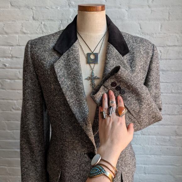 Vintage Gray Wool Blazer Tweed Herringbone Preppy Minimalist Velvet Jacket Large - Picture 2 of 10
